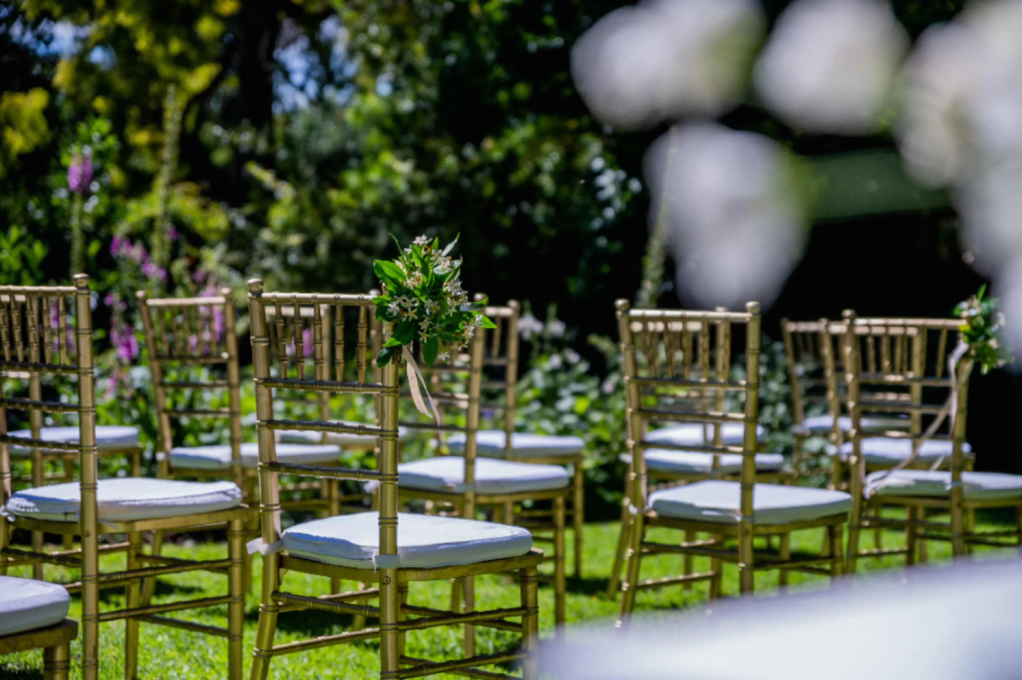 Wedding ceremony setup with gold Tiffany chairs